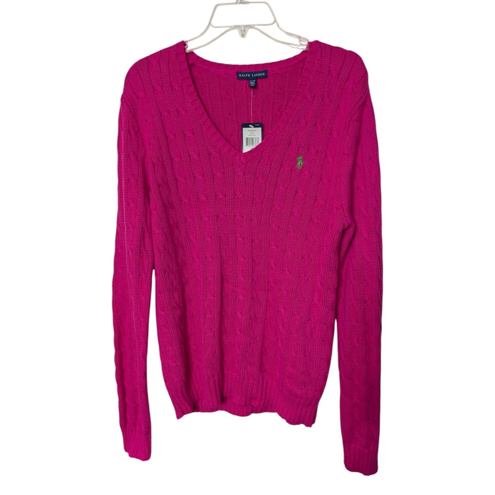 Ralph Lauren Pink Cable Knit V-Neck Sweater 100% Cotton NWT Size XL